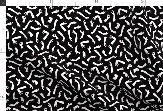 Hand Print Fabric - Hand Print On Black By Dearchickie - Hands Arm Gestures Body Black and White  Cotton Fabric By The Yard With Spoonflower