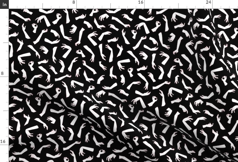 Hand Print Fabric - Hand Print On Black By Dearchickie - Hands Arm Gestures Body Black and White Cotton Fabric By The Yard With Spoonflower image 1