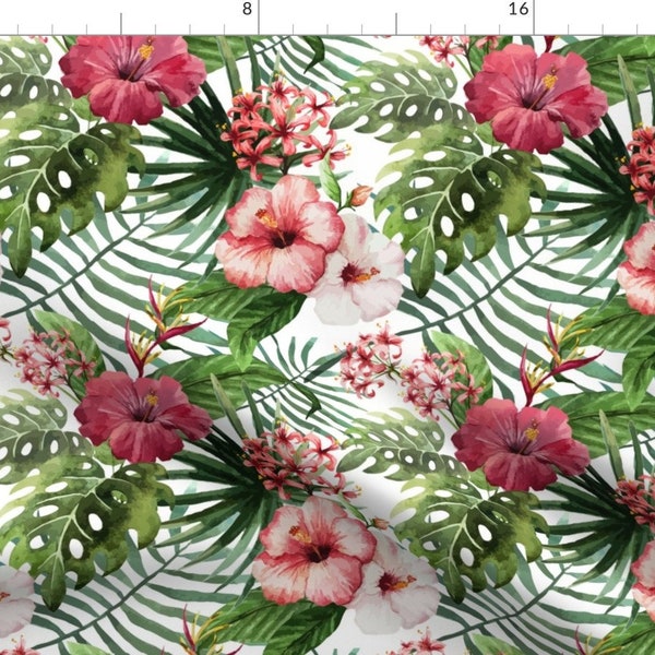 Tropical Fabric - Topical Hawaii Watercolor Hibiscus Flowers Floral By Khaus - Palm Leaf Cotton Fabric By The Yard With Spoonflower