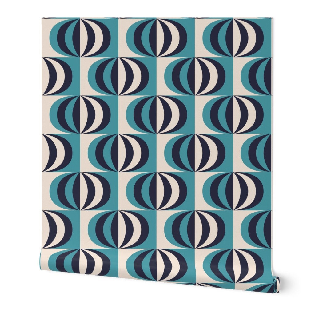 Mid Century Wallpaper Striped Ovals Teal by Danadu Mid | Etsy