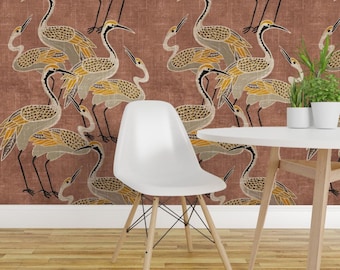 Art Deco Bird Peel and Stick Wallpaper - Cranes Clay Brown Animalier - Removable Wall Decor Art - Jumbo Cranes On Clay by shellyreneedesigns