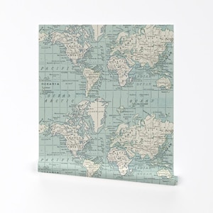 Vintage Maps Abnehmbare Tapete zum Abziehen und Aufkleben - Blaue und cremefarbene Weltkarte - Wandkunst Wanddekor - Blaue und cremefarbene Karte by aftermyart