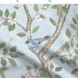 Traditional Peony Fabric - Soft Blue Garden by danika_herrick - Chinoiserie Pale Soft Blue Grandmillenial Fabric by the Yard by Spoonflower
