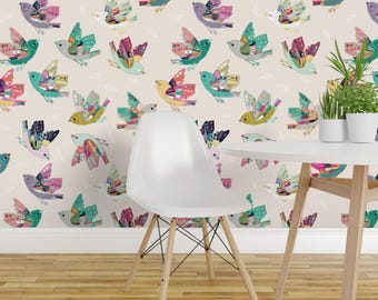 Bird Wallpaper - Joy Flight By Nouveau Bohemian - Cream Green Pink Boho Birds Kids Removable Self Adhesive Wallpaper Roll by Spoonflower