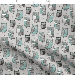 Owl Fabric - Owls Owl Woodland Fall Winter Black white Green On Grey By Caja Design - Owls Cotton Fabric By The Yard With Spoonflower