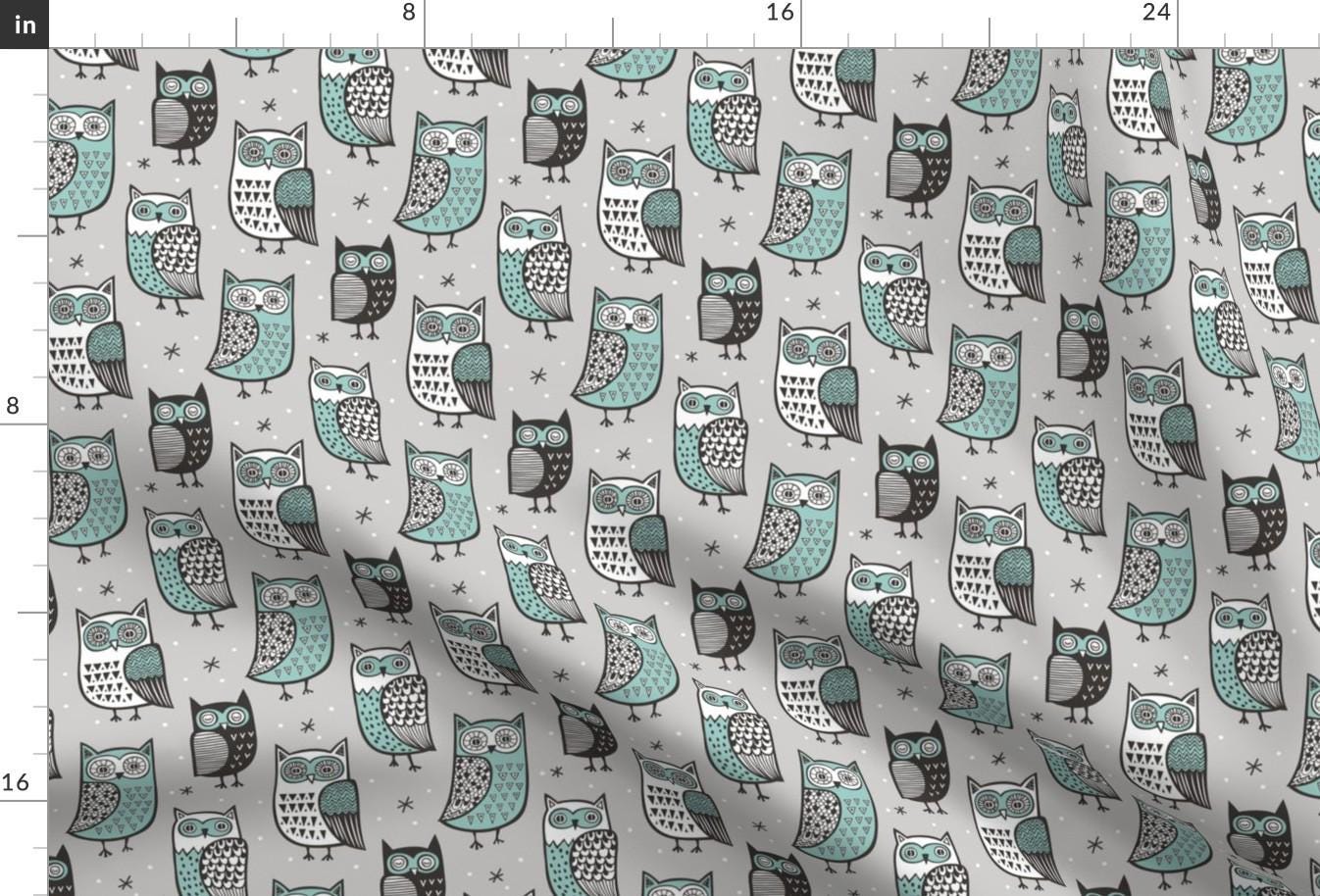 Owl Fabric - Owls Owl Woodland Fall Winter Black white Green On Grey By Caja Design - Owls Cotton Fa