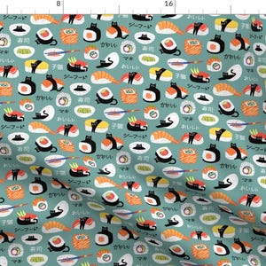 May include: A teal fabric pattern featuring various sushi rolls and black cat illustrations. Japanese text is interspersed throughout the design. The sushi includes nigiri, maki, and other types, with orange, white, and black colors.