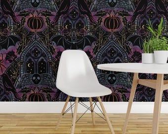 Raven Peel and Stick Wallpaper - Damask Spooky Bat Witch Skull Pumpkin - Removable Wall Decor Art - Dark Gothic Large Scale by byre_wilde