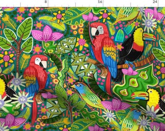 Tropical Fabric - Hide And Seek Jungle Birds by slumbermonkey - Toucan Parrots Birds Rainforest Colorful Fabric by the Yard by Spoonflower