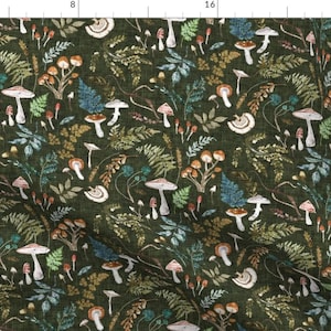 Moody Fabric - Mushroom Grove by nouveau_bohemian - Woodland Mushroom Toadstool Watercolor Fungi Fern Blue Fabric by the Yard by Spoonflower