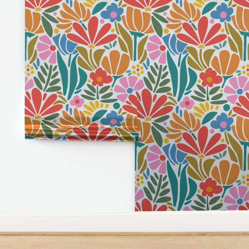 Psychedelic Floral Gold or Silver Metallic Wallpaper - Retro 1960s Pink Botanical Wallpaper Roll - Maximalism Folk by jenflorentine - image 8