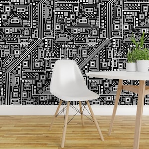 Robot Wallpaper - Robot Circuit Board (Black And White) By Robyriker - Custom Printed Removable Self Adhesive Wallpaper Roll by Spoonflower