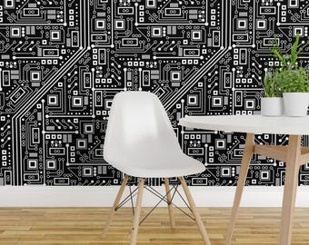 Papel pintado de robot - Circuito impreso de robot (blanco y negro) de Robyriker - Rollo de papel pintado autoadhesivo removible con impresión personalizada de Spoonflower
