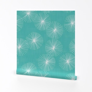 Carta da parati Mid Century Modern - Dandelions Aqua di Friztin - Rotolo di carta da parati autoadesiva rimovibile stampata personalizzata Mid Mod di Spoonflower
