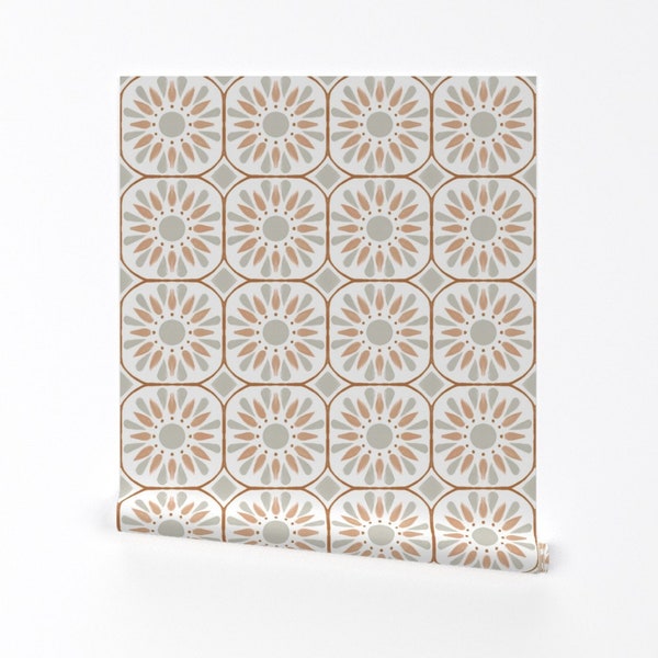 Terracotta Wallpaper - Square Starburst Tile by bronwyn_becks - Geometric Kitchen Gray Removable Peel and Stick Wallpaper by Spoonflower