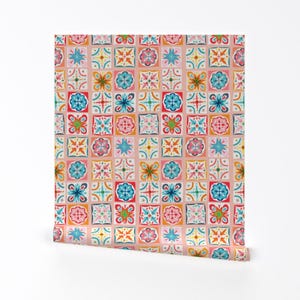 Spanish Tile Removable Peel and Stick Wallpaper - Folk Art Hand Painted Watercolor - Wall Art Wall Decor - Pastel Rose Tile by miraparadies