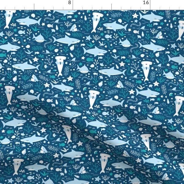 Blue Shark Fabric - Happy Sharks By Innamoreva - Modern Nautical Shark Cotton Fabric By The Yard With Spoonflower