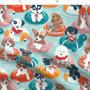 Dog Breeds Fabric - Summer Pool Pawty by selmacardoso - Aqua Orange Swimming Pool Floats Labrador Beagle Fabric by the Yard by Spoonflower