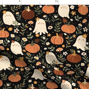 Cute Halloween Ghost Apparel Fabric - Ghost Pumpkin by kylielouise - Dark Floral Pumpkin Orange Black Green Clothing Fabric by Spoonflower image 1