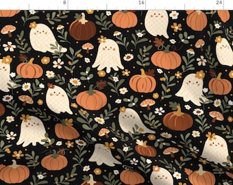 Cute Halloween Ghost Apparel Fabric - Ghost Pumpkin by kylielouise - Dark Floral Pumpkin Orange Black Green Clothing Fabric by Spoonflower