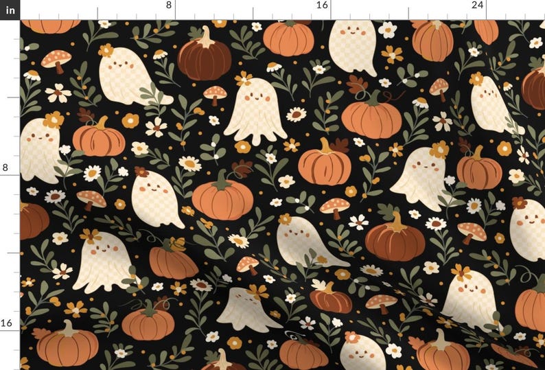 Cute Halloween Ghost Apparel Fabric - Ghost Pumpkin by kylielouise - Dark Floral Pumpkin Orange Black Green Clothing Fabric by Spoonflower image 1