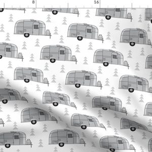 Gray Camper Trailer Fabric - Vintage Silver Trailer On White By Lilcubby - Camper Trailer Cotton Fabric By The Yard With Spoonflower