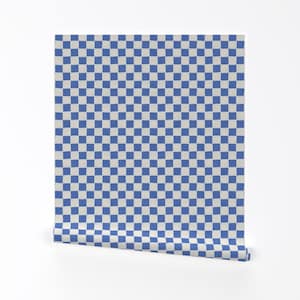 Blue Removable Peel and Stick Wallpaper -  Geometric Hand-drawn Stamp Checkered - Wall Art Wall Decor - Blue Check by apostrofodesign