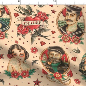 Tattoo Fabric - Old School Tattoo Beige Large By Crixtina - Tattoo Beige Red Blue Vintage Decor Cotton Fabric By The Yard With Spoonflower