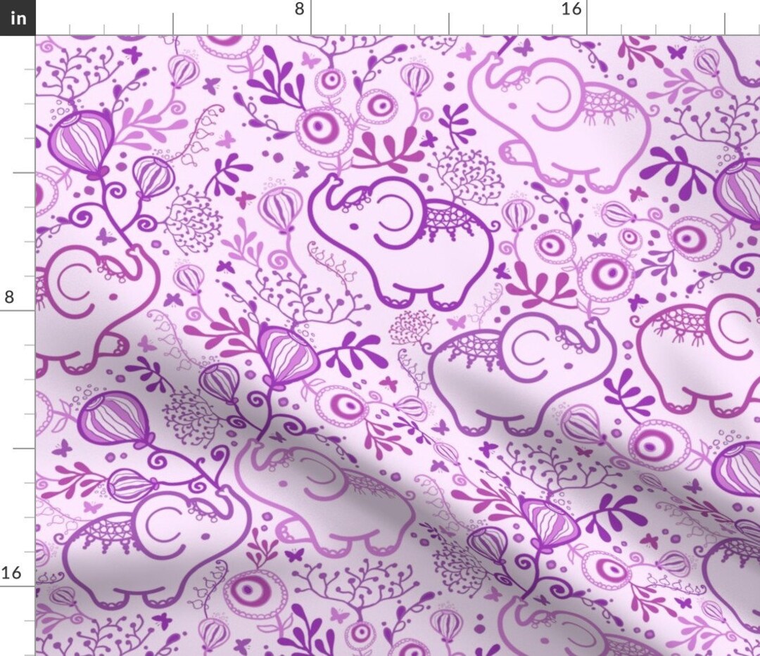 Purple Dancing Elephant Fabric Purple Elephants With Bouquets by Oksancia Nursery Decor Cotton