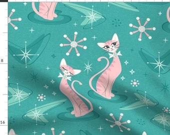 Cat Retro Teal Pink Fabric - Kitsch Kitten Collectibles © Christine Duffield By Studioxtine - Cat Cotton Fabric By The Yard With Spoonflower