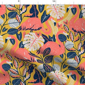 Coral Tropical Leaves Yellow Pink Fabric - Coral Gables Flamingo By Michaelzindell - Coral Cotton Fabric By The Yard With Spoonflower
