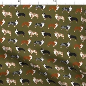 Aussie Dog on Olive Fabric- Cute Australian Shepherd Dogs By Petfriendly - Olive Aussie Dog Cotton Fabric By The Yard With Spoonflower