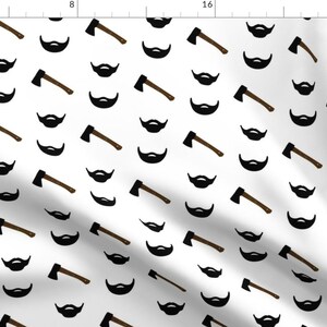 May include: A white background with a repeating pattern of black beards and brown axes.