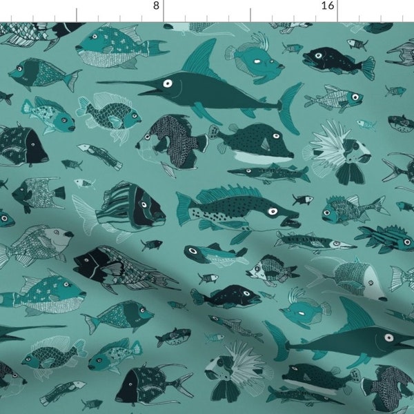 Fish Fabric - Something Fishy! By Sheena Hisiro - Fishes Lake Sea Life Animal Blue Teal Cotton Fabric By The Yard With Spoonflower