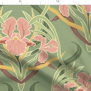 May include: A seamless pattern featuring pink iris flowers with green leaves and stems on a sage green background. The flowers are stylized with a vintage art nouveau design.
