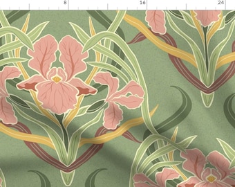 Green Fabric - Art Nouveau Iris  by vinpauld -  Floral Victorian Garden Art Nouveau Large Scale Iris Boho Fabric by the Yard by Spoonflower