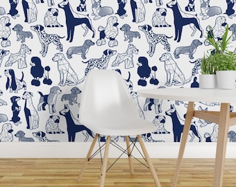 Hondenbehang - Geometrische blauwdruk natte neuzen honden Beagles Mopshond door Selmacardo - op maat gemaakte zelfklevende behangrol van Spoonflower