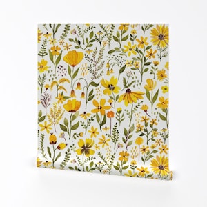 Yellow Floral Removable Peel and Stick Wallpaper - Blossom Watercolor Botanical - Wall Art Wall Decor - Watercolor Boho Floral by luli_print