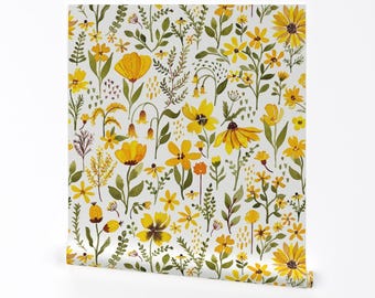 Papel pintado autoadhesivo despegable con diseño floral amarillo - Acuarela botánica - Decoración de pared - Acuarela bohemia floral de luli_print