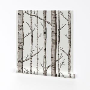 Papel tapiz despegable y adhesivo con diseño de bosque: abedules en el bosque: decoración de pared con arte: bosque de abedules en pequeña escala de willowlanetextiles