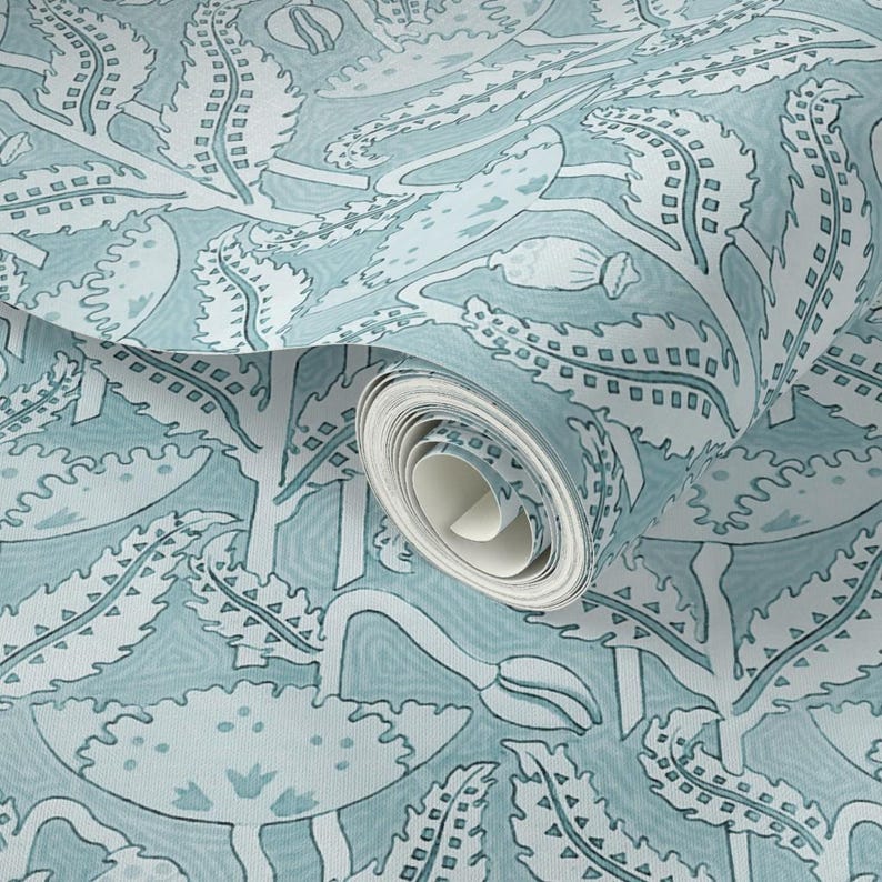 Antique Wallpaper - Antique Poppy In Aquamarine By Willowlanetextiles - Custom Printed Removable Self Adhesive Wallpaper Roll by Spoonflower image 3