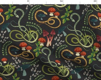 Mushrooms Fabric - Li'l Snakes Grey by washburnart - Reptiles Botanical Garden Toadstool Cottagecore Flora Fabric by the Yard by Spoonflower