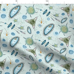 May include: A seamless pattern featuring a variety of blue, green, and yellow watercolour illustrations of microscopic organisms on a light blue background.
