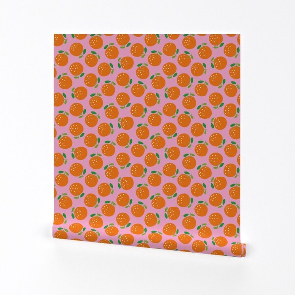 Bright Oranges Wallpaper - Oranges On Pink by cerigwen - Citrus Fruit Retro Mod Mandarin Removable Peel and Stick Wallpaper by Spoonflower