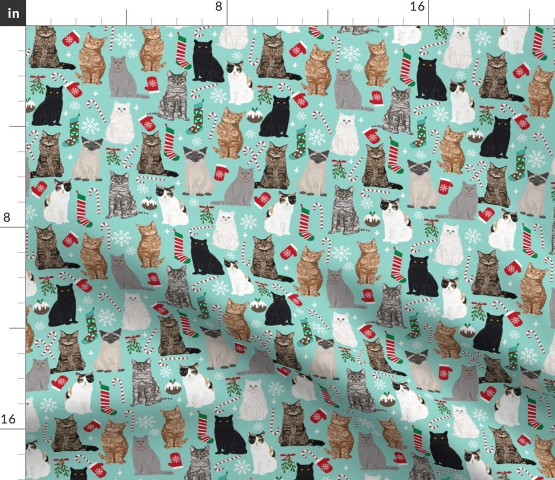 Cat Fabric Christmas Cat Fabric Pattern Candy Cane Stocking Etsy