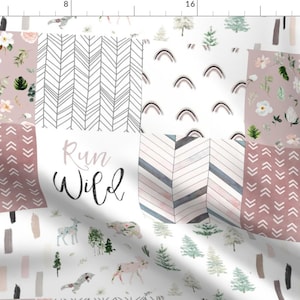 Cheater Quilt Outdoors Fabric - Run Wild // Woodland And Boho Pink Green Watercolor Florals Cheater Quilt / Wholecloth By Hipkiddesigns