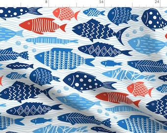 Blue Coastal Fish Fabric - Patterned Fish by dasbrooklyn - Red White Blue Nautical Ocean Fishing Maritime Fabric by the Yard by Spoonflower