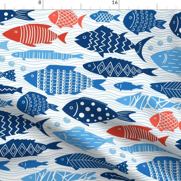 Blue Coastal Fish Fabric - Patterned Fish by dasbrooklyn - Red White Blue Nautical Ocean Fishing Maritime Fabric by the Yard by Spoonflower