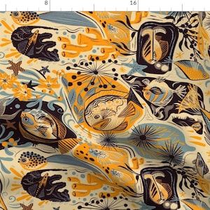 Mid Century Fabric - Water World By Dacha Dreamland - Mid Century Tiki Summer Orange Blue Beach Cotton Fabric By The Yard With Spoonflower
