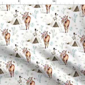 Horse Tipi Fabric - Spring Boho Floral Horse White By Shopcabin - Pony Teepee Cactus Dreamcatcher Cotton Fabric By The Yard With Spoonflower
